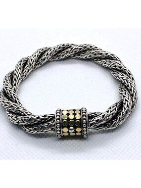 John Hardy Classic Woven Chain Sterling Silver 925 18K Yellow Gold Dot Bracelet